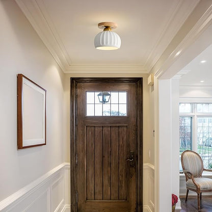 Ceramic Semi Flush Mount Ceiling Light - 2 Pack, Vintage Wood Gold Hallway Light Fixtures, White Globe Ceiling Lights,Mid Century Small Chandelier Light Fixture for Cottage Entryway Laundry Room Foyer
