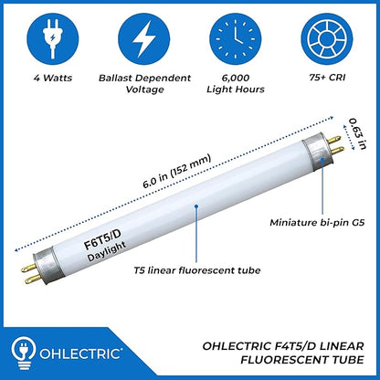 OHLECTRIC 6 Pack - F4T5/D Flourescent Light Bulbs Non-Dimmable - 6 inches Under Cabinet Bulb 6500K Daylight White 4 Watt Tube Bulb