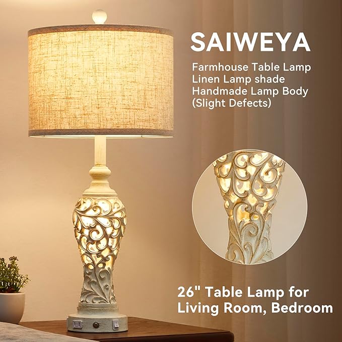 26" Single Farmhouse Table Lamp - 2 USB A+C 3-Way Dimmable Touch Lamps with Nightlight for Living Room Bedroom Lamp Bedside Nightstand Lamps