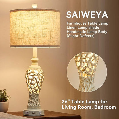 26" Single Farmhouse Table Lamp - 2 USB A+C 3-Way Dimmable Touch Lamps with Nightlight for Living Room Bedroom Lamp Bedside Nightstand Lamps