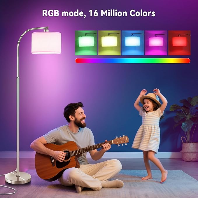 Floor Lamp for Living Room with Remote,Dimmable Standing Lamps,Modern Tall Floor Light with Smart RGB Bulb,App Control,3 Color Temperatures,Fabric Shades,Silver Floor Lamp for Bedroom Corner