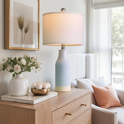 23.75inch Light Blue Modern Ceramic Bedside Lamp Set of 2 for Bedroom Decor Farmhouse Table Lamp for Living Room Office Dorm