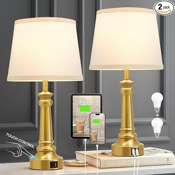 Touch Lamps for Nightstand Set of 2 - Gold Table Lamp for Bedroom Dimmable Bedside Lamps with USB C+A Ports - Lamps for Night Stands Living Room End Table,2 LED Bulbs Included