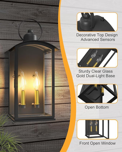 19.7IN Outdoor Wall Light Fixtures, Dusk to Dawn Exterior Lanterns Waterproof, Large Porch Sconces Wall Mounted Lighting, Modern Matte Black Front Open Window Wall Lamps for Patio