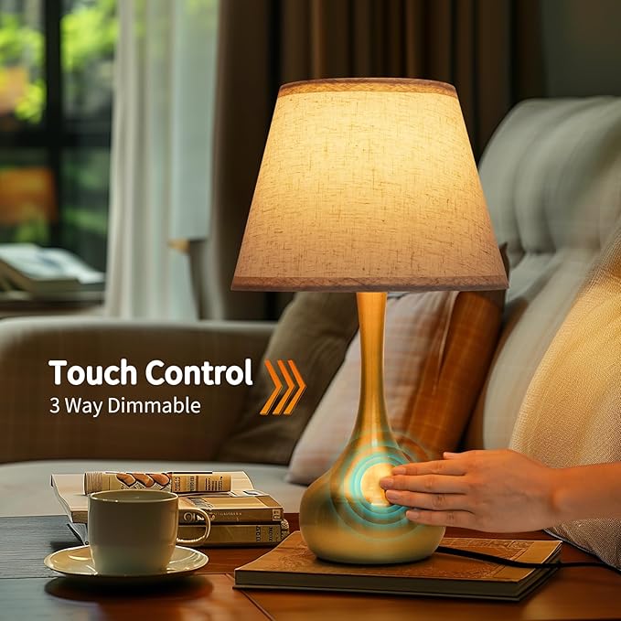 ONEWISH Touch Table Lamp for Bedroom, 3-Way Dimmable Gold Bedside Lamps for Nightstand with Fabric Shade, Desk Lamp for Kids Reading, Home Office