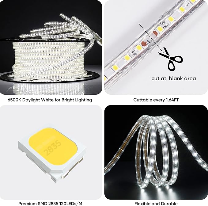 Shine Decor LED Strip Light 150FT 120VAC, Super Bright 19012 Lumens Dimmable, IP65 Waterproof for Outdoor Indoor, 6500K Cool White Every 1.6ft Cuttable Proselect Lighting Strip, 6x10mm ETL Listed