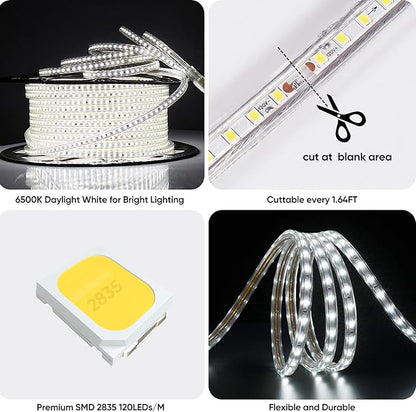 Shine Decor LED Strip Light 150FT 120VAC, Super Bright 19012 Lumens Dimmable, IP65 Waterproof for Outdoor Indoor, 6500K Cool White Every 1.6ft Cuttable Proselect Lighting Strip, 6x10mm ETL Listed