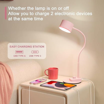 Cute Desk Lamp with USB C + A Charging Port, 5 Colors Dimmable Reading Lamps, Minimalist Pink Lamp for Kids, Eye Care Metal Bedside Table Lamp with Timer Flexible Desk Light for Home Office