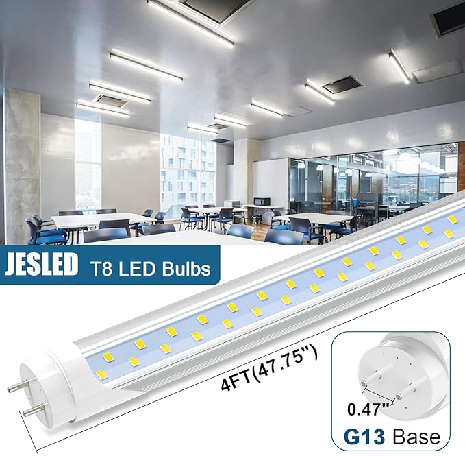 JESLED 4FT LED T8 Type A+B Tube Lights, 24W(65W Equivalent), 3200LM, 6000K, Single or Double End Powered, Plug and Play or Ballast Bypass, 4 Foot T10 T12 Fluorescent Bulbs Replacement, Clear(16-Pack)