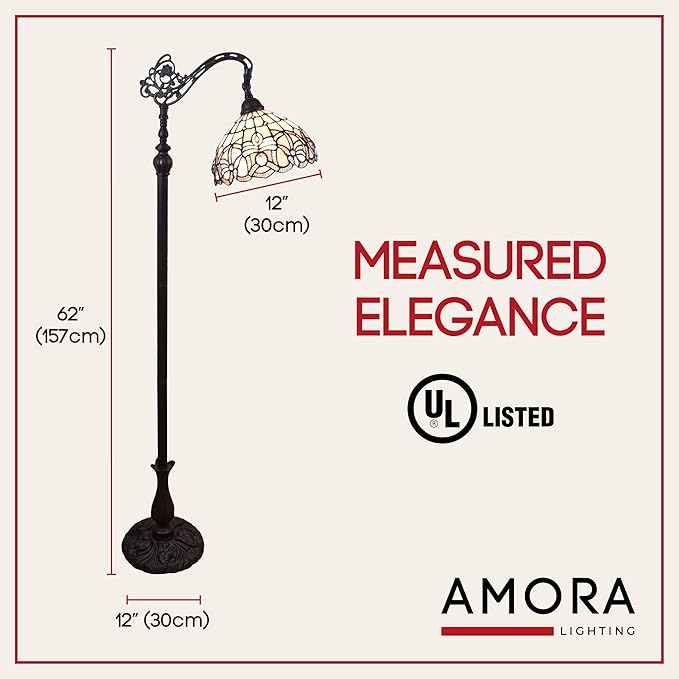 Amora Tiffany Floor Lamp - Arched, Stained Glass 62” - Traditional White Mahogany with Foot Switch Operation and Adjustable Lamp Shade - Custom Handcrafted Floor Lamps for Living Room