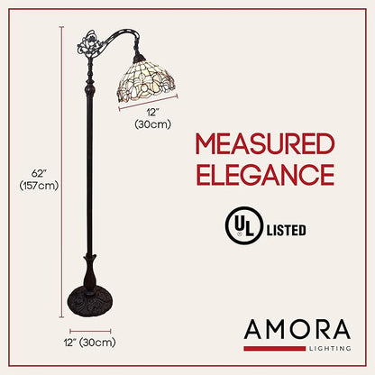 Amora Tiffany Floor Lamp - Arched, Stained Glass 62” - Traditional White Mahogany with Foot Switch Operation and Adjustable Lamp Shade - Custom Handcrafted Floor Lamps for Living Room