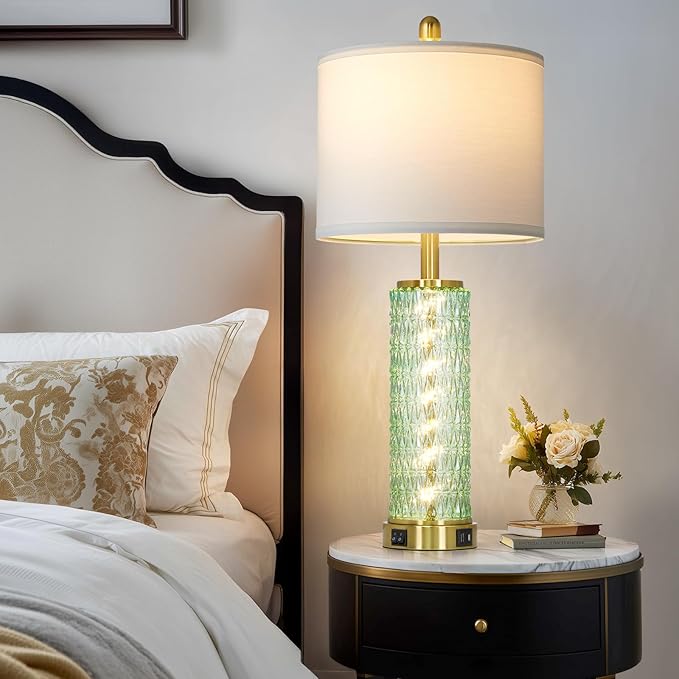 28" Green Glass Table Lamps Set of 2, Green Modern Bedside Lamp with LED Night Light, USB A+C, Glass Lamps for Living Room, Bedroom, Nightstand, Office, End Table (2 Bulbs Included)