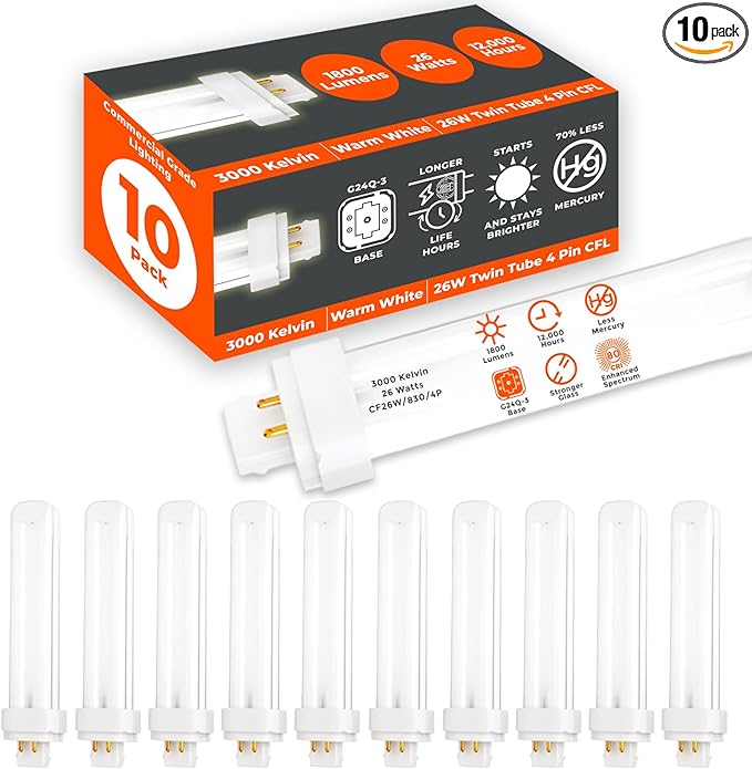 GoodBulb 26 Watt CFL Light Bulbs 4 Pin G24Q-3 Base 3000K Warm White 26W High Output 1800 Lumens Double Tube Compact Fluorescent Light Bulbs Plug-in 10 Pack