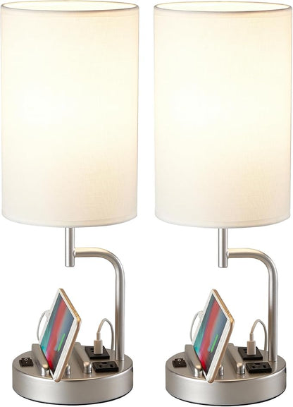 Dreamholder Table Lamp with 3 USB Charging Ports, Modern Desk Lamp with AC Outlet and Phone Stands, Perfect Bedside Lamp for Bedroom, Living Room, Office (Pack of 2), Silver