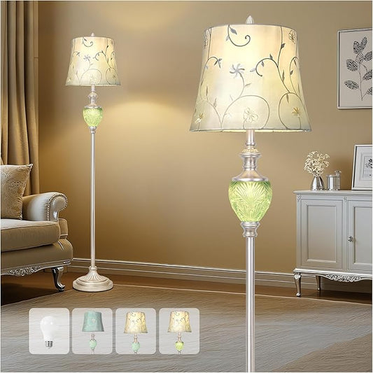 Vintage Floor Lamp for Living Room, 63" Tall Standing Lamp with Nightlight and Embroidered Shade, Farmhouse Floor Lamp with Silver Leaf Finish for Bedroom Corner, LED Bulb Included