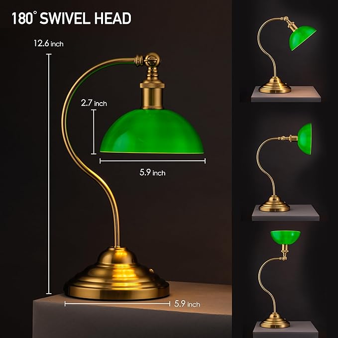 O'Bright Bankers - Cordless LED Table Lamp, Battery-Operated, Rechargeable, 3-Level Dimming, Universal USB-C Charging, 180° Swivel Head, Classic Green Glass Shade, Antique Brass