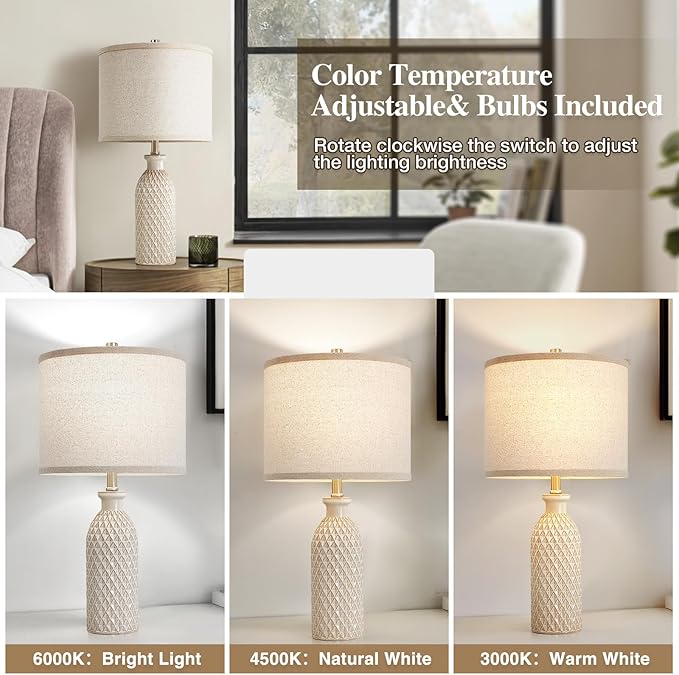 Luvkczc Ceramic Table Lamps Set of 2, Farmhouse 24.8" Bedside Lamps with Adjustable Color Temperature, Modern Nightstand Lamp Desk Reading Lamp for Bedroom, Living Room, Office, 2 Bulbs Included