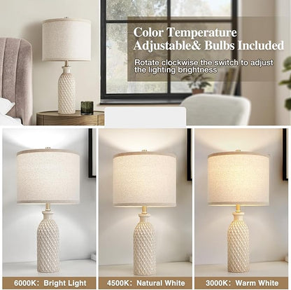 Luvkczc Ceramic Table Lamps Set of 2, Farmhouse 24.8" Bedside Lamps with Adjustable Color Temperature, Modern Nightstand Lamp Desk Reading Lamp for Bedroom, Living Room, Office, 2 Bulbs Included
