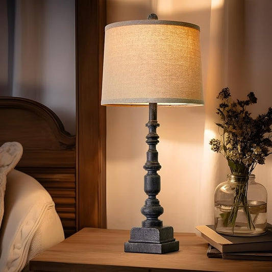 Oneach 27.75” Vintage Farmhouse USB A+C Table Lamps Set of 2 for Living Room Bedroom Traditional Bedside Nightstand Lamp Retro Resin Lamps Linen Shade Nightstand Home Office Antique Black Accent