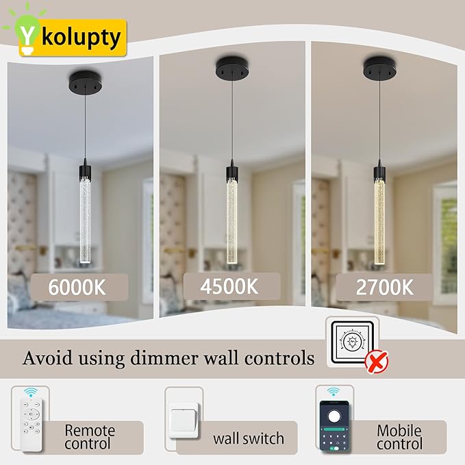 Modern Pendant Lights Kitchen Island Black Crystal Mini Pendant Light with Dimmable LED 2700K-6000K,Bubble Crystal Chandelier Dining Room and Bar - 1 Pack