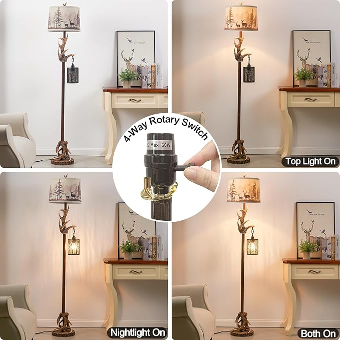Rustic Deer Antlers Floor Lamps with Forest-Style Nightlight Finish Shade Lamps, Vintage Farmhouse Antlers Floor Lamp for Living Room Bedroom Office Study House (Bulbs Included)