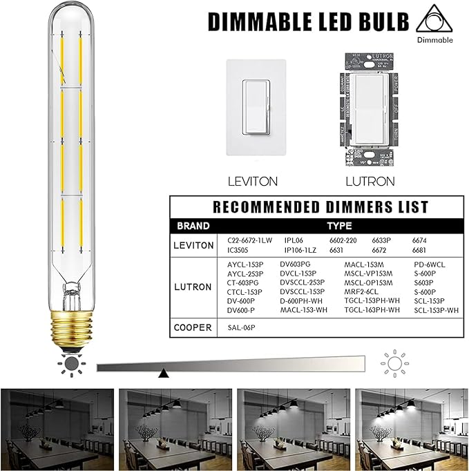 E26 LED Light Bulb,T10 Dimmable Led Tubular Bulb 8W,75 Watt Equivalent,T10 Led Bulbs 5000K Cool White,8.9In Edison Light Bulbs,Clear Glass,6Pack.