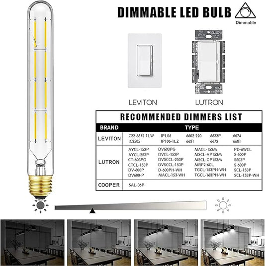 E26 LED Light Bulb,T10 Dimmable Led Tubular Bulb 8W,75 Watt Equivalent,T10 Led Bulbs 5000K Cool White,8.9In Edison Light Bulbs,Clear Glass,6Pack.