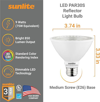 Sunlite LED PAR30 Short Neck Flood Light Bulb, 9 Watt, (75W Equivalent), 850 Lumens, Medium Screw (E26) Base, Dimmable, ETL Listed, 4000K Cool White, 6 Count