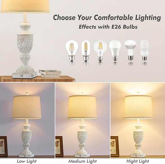26.5" Farmhouse Table Lamp Set of 2, 3-Way Dimmable Touch Control Vintage Rustic Side Table Nightstand Lamps for Bedroom Living Room Study Room (Whitewashed Gold)