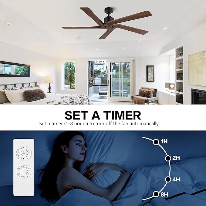 WINGBO 72" DC Ceiling Fan No Light with 3 Downrods, 5 Carved Solid Wood Blades, 6-Speed Reversible DC Motor, Large Ceiling Fan without Lights in Matte Black Finish with Walnut Blades