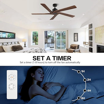 WINGBO 64 Inch DC Ceiling Fan without Lights, 5 Reversible Carved Solid Wood Blades, 6-Speed Noiseless DC Motor, Ceiling Fan No Light with Remote, Matte Black Finish with Walnut Blades, ETL Listed