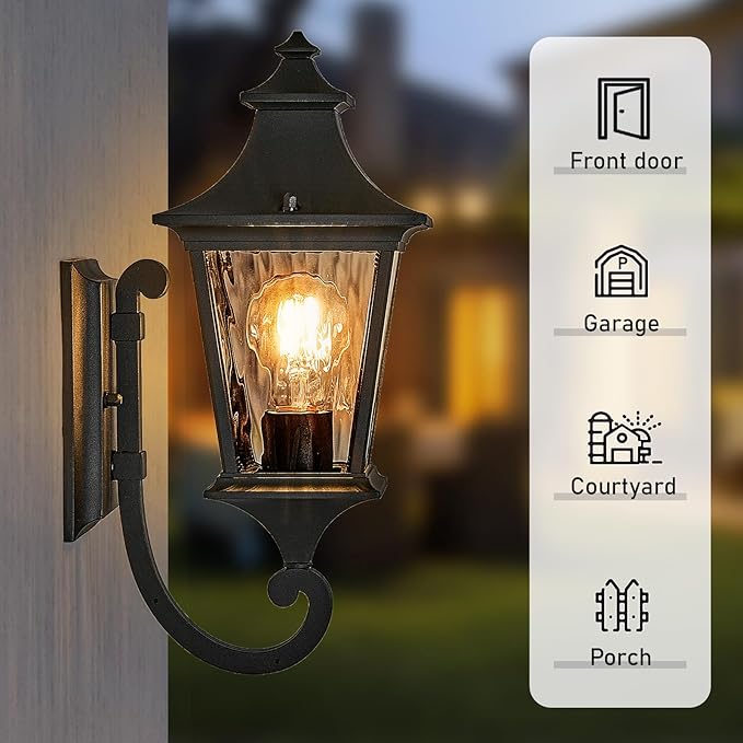 Outdoor Wall Lights 21 Inch Large Front Porch Light with Water Ripple Glass Black Exterior Light Fixture for House E26 Socket