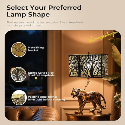 Large Rectangular vintage Metal Lamp Shade for table lamps, Bell Lampshade Metal Cover with Etched Forest Tree Design lamp finials 8" x 14" x 9", Fits Living Room Bedroom (Antique bronze gold)