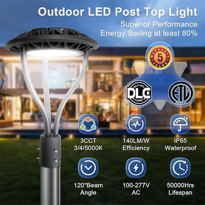 LED Post Top Light with Dusk to Dawn Photocell, 80W-100W-120W-150W Power Tunable, 3000K/4000K/5000K CCT Tunable, Outdoor Post Pole Lights for Garden Pathway Street Lighting, IP65 DLC ETL Listed