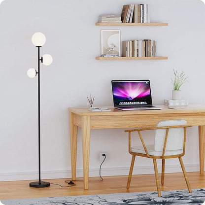 Floor lamp with 3 Frosted Glass Shades,Stangding Lamp Floor Lamps for Living Room Bedroom Office with 3 led Bulbs,Tall lamp with Foot Switch (Black)