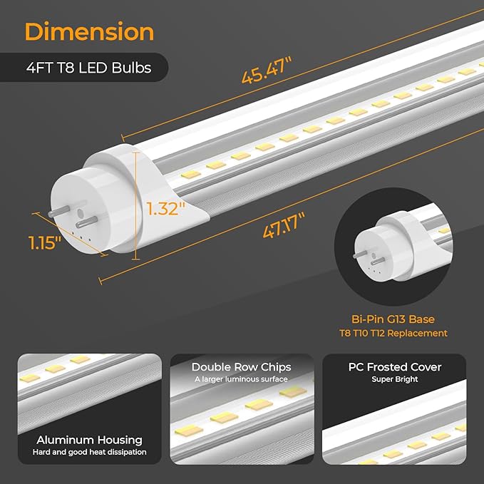 6PK T8 LED Bulbs 4 Foot, Frosted 10W-24W 5 Watt Selectable 6 CCT 3000K-6500K, Type A+B Plug & Play or Ballast Bypass 4ft Fluorescent Tube Light Bulbs Replacement, Single Double-Ended Input