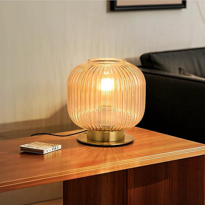 NKU Mid-Century Modern Glass Table Lamp Featuring a Ribbed Glass Shade, Gold-Finished Nightstand or Desk Lamp Ideal for Bedside, Corner Bookshelf, Living Room, or Office (Amber Table Lamp)
