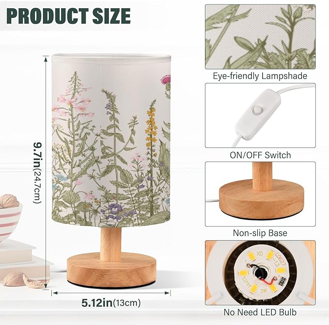 Bedside Lamp Flowers Herbs Wildflowers Botanical Table Lamp for Bedroom LED Nightstand Lamp Shade USB Ports Wood Base for Living Room Dorm Office