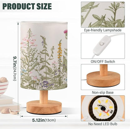 Bedside Lamp Flowers Herbs Wildflowers Botanical Table Lamp for Bedroom LED Nightstand Lamp Shade USB Ports Wood Base for Living Room Dorm Office