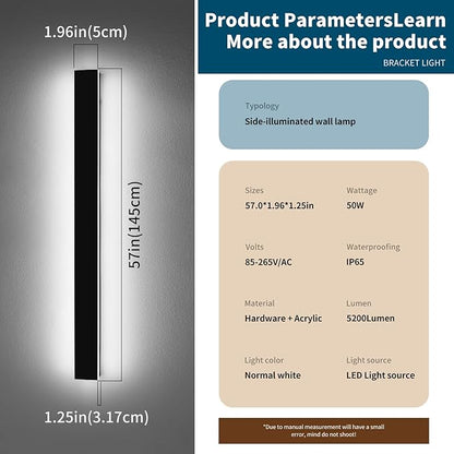 57inch Exterior Wall Light Fixture, 6000K Cold White, Modern Long Outdoor Wall Sconce, IP65 Waterproof, 50W, Black Minimalist Outside LED Strip Light for Garage, Patio, Balcony, Fence