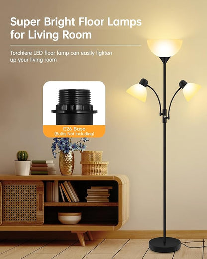 Floor Lamp Black, Standing Lamp, 71" Tall Lamps for Living Room, 3 Way Switch, Plastic Lampshade, Torchiere Floor Lamp with Reading Lamps, Modern Pole Lamps for Bedroom Kids Room E26 Base(No Bulb)