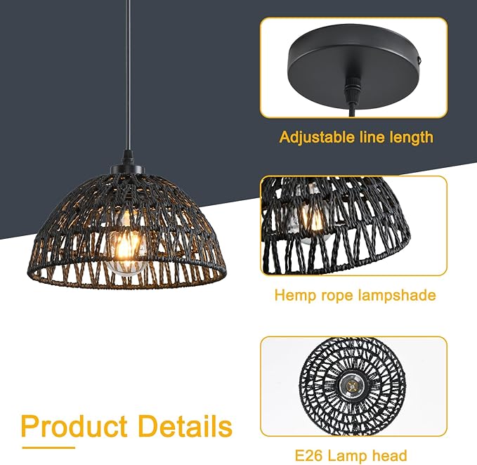 3 Pack Woven Pendant Light Fixtures,10.2" Black Rattan Pendant Lights Farmhouse Basket Light Fixture Adjustable Boho Hanging Lamp for Kitchen Island Bedroom Dining Room Foyer Hallway