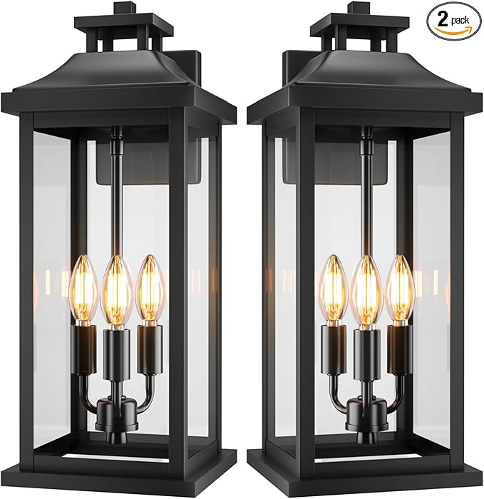 20" Large Outdoor Light Fixtures 3-Light 2 Pack, Black Outside Modern Porch Lights for House, Exterior Wall Sconce Lanterns Wall Mounted Waterproof Outdoor Coach Lamps for Garage E12