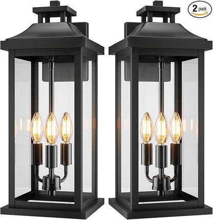 20" Large Outdoor Light Fixtures 3-Light 2 Pack, Black Outside Modern Porch Lights for House, Exterior Wall Sconce Lanterns Wall Mounted Waterproof Outdoor Coach Lamps for Garage E12