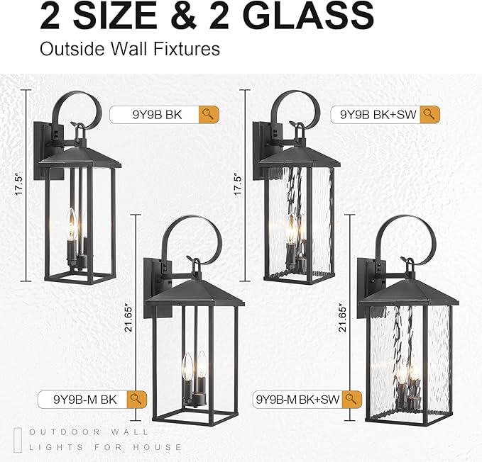 Porch Lights Outdoor Wall Light Fixtures Wall Mount, Modern Exterior Lighting Fixtures with Water Ripple Glass Waterproof, 2-Light E12 Sockets Outside Garage Lights for House Patio Porch
