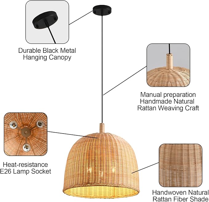 3-Light Rattan Pendant Light,17.7" Boho Pendant Light Wicker Hanging Light,Hand-Woven Rattan Chandelier for Dining Living Bedroom Kitchen Farmhouse