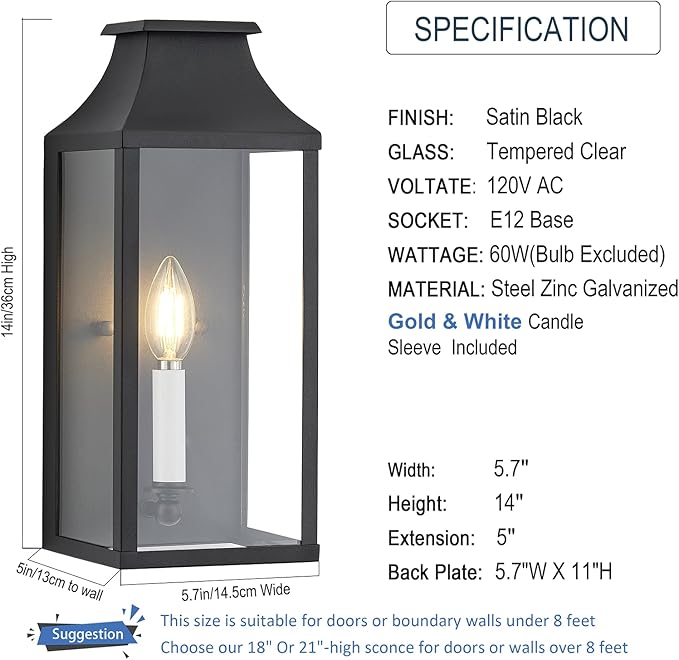 14" Small Classic Outdoor Wall Lantern Light for House Exterior,Handcrafted Satin Black Metal Cage Mounted Pocket Wall Sconce W/Clear Tempered Glass,Waterproof for Porch, Patio, Garage&Front Door E12