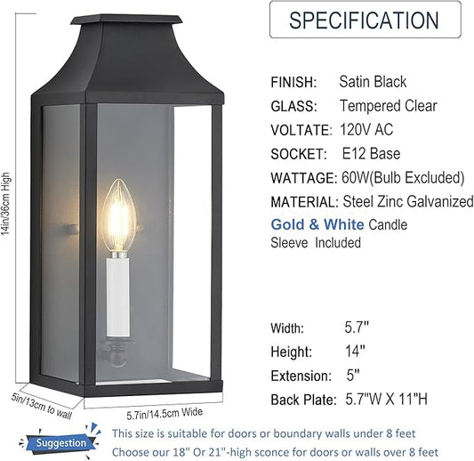 14" Small Classic Outdoor Wall Lantern Light for House Exterior,Handcrafted Satin Black Metal Cage Mounted Pocket Wall Sconce W/Clear Tempered Glass,Waterproof for Porch, Patio, Garage&Front Door E12