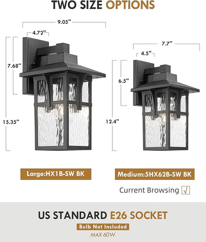 Outdoor Light Fixtures Wall Mount, HWH Outdoor Wall Lantern with Water Ripple Glass, 1-Light Porch Light in Matte Black Finish, Patio Balcony Indoor, 5HX62B-SW BK