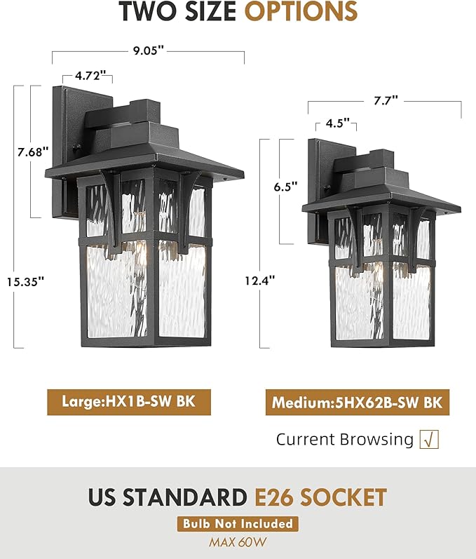 Outdoor Wall Light 2 Pack, HWH Exterior Wall Sconce Light Fixtures with Water Ripple Glass, Outside Lights for Porch, Patio, Balcony, Matte Black Finish, 5HX62B-2PK-SW BK